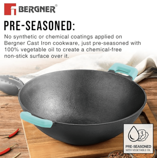 BERGNER Eco Cast Iron 24 cm Kadai, for Healthy Cooking, PreSeasoned, Even Heat Distributor, Retains Heat to Enhance Flavor, Comes with Silicone Sleeve, Induction Bottom and Gas Stove Ready - Image 2